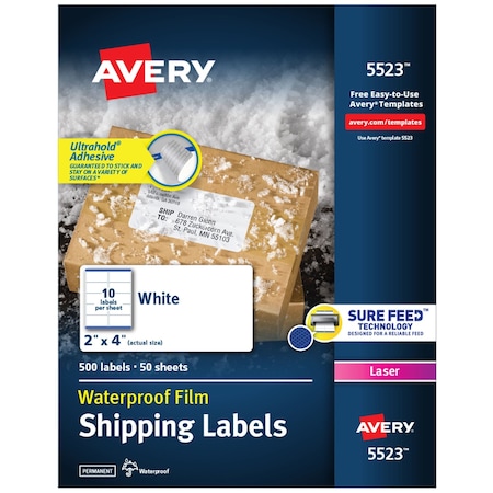 Avery Laser Label, 4 in Label W, 2 in Label H, 10 Labels per Sheet White 727825523