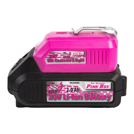 The Original Pink Box 20-Volt Lithium-Ion Battery Adapter with Dual USB Ports and LED Work Light, Pink PBUSB_2Ah_CHRGR