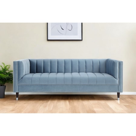 Homeroots 85" Slate Blue Velvet Sofa With Espresso Legs 543931