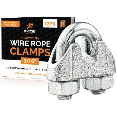 Xpose Safety Wire Rope Clamp for Stainless Steel 3/16in Galvanized U Bolt Cable Clips, 12PK GCC316-12-X-S