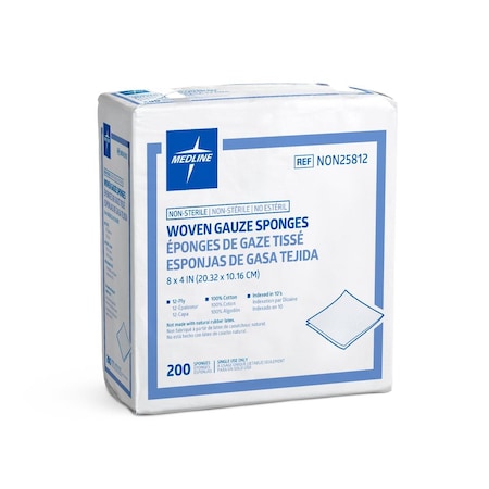 Medline Woven Nonsterile Gauze Sponges, 12 Ply, 8in x 4in, 200PK NON25812ZZ