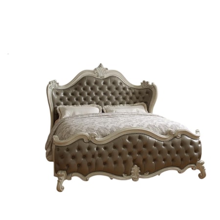 Homeroots Gray and Bone Carved Scrollwork Solid Wood And Tufted Faux Leather Queen Bed Frame W/ Nailhead Trim 348177