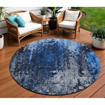 Homeroots 8' Navy Blue And Denim Blue Round Abstract Washable Indoor Outdoor Area Rug 577231