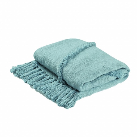 Homeroots 60" X 50" Blue Woven Cotton Throw Blanket with Fringe 516548