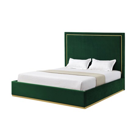 Homeroots Hunter Green Solid Wood Queen Upholstered Velvet Bed 544925