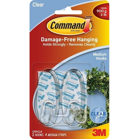 Command Adhesive Hook, 2 lb, 2Hook, Plastic, Clear 17091CLR