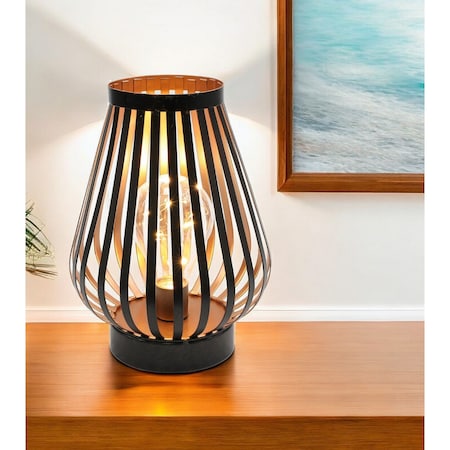 Homeroots 9" Black Metal Lantern Bedside Lamp LED With Black Novelty Shade 533269