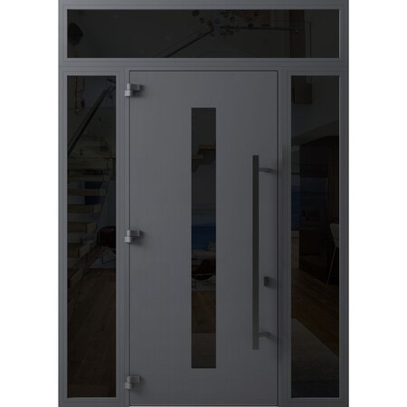 Vdomdoors Front Exterior Prehung Steel Door Ronex0130 Grey 96 2 Sidelight and Transom Window Sidelite Entry RONEX0130EXD-GRE-W16+36+16xH96+16-RH-I