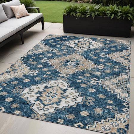 Homeroots 5' X 8' Navy Blue Beige And Ivory Medallion Washable Indoor Outdoor Area Rug 589009