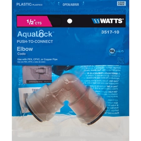 Watts 1/2'' x 1/2'' CTS 90 Deg. Quick Connect Plastic Elbow, 1/4 Bend 3517-10