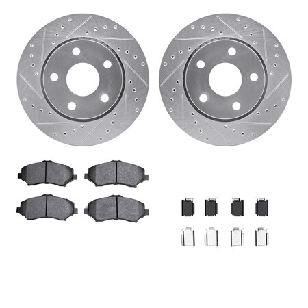 Dynamic Friction Co DFC Brake Rotor - Drilled & Slotted - Silver- Heavy Duty Brake Pad includes Hardware 7412-42038