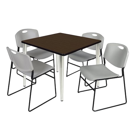 Regency Square Kahlo Breakroom Table W/ 4 Zeng Stack Chairs, 36 in W, 36 in L, Noble Oak TPL3636NWCM44GY