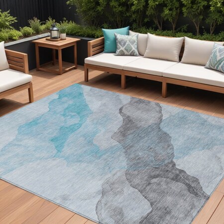 Homeroots 10' X 14' Teal Blue And Gray Abstract Washable Indoor Outdoor Area Rug 631862