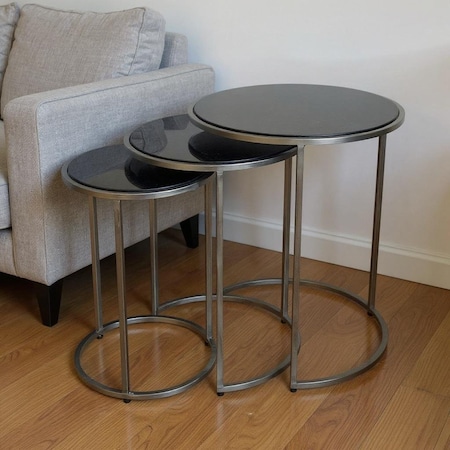 Homeroots Set of Three Black and Gray Marble and Iron Round Frame Nested Tables 632712