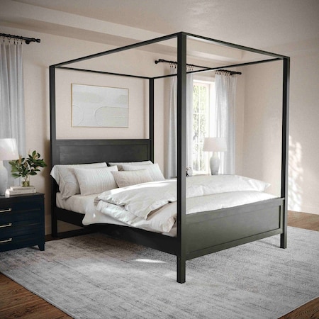 Martha Stewart Hayes Queen Size Solid Wood Canopy Platform Bed w/Wood Headboard and Footboard, Dark Gray MG-90025-CQ-DKGY-MS
