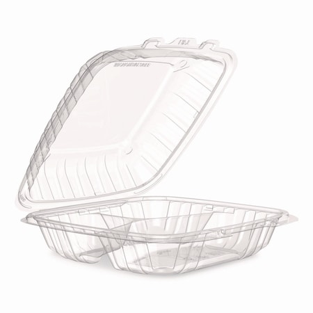Dart Microwaveable Hinged Containers, ProPlanet Seal, 3 Compartments, 9 x 8.75 x 3, Clear, Plastic, 150PK 90PPHT3
