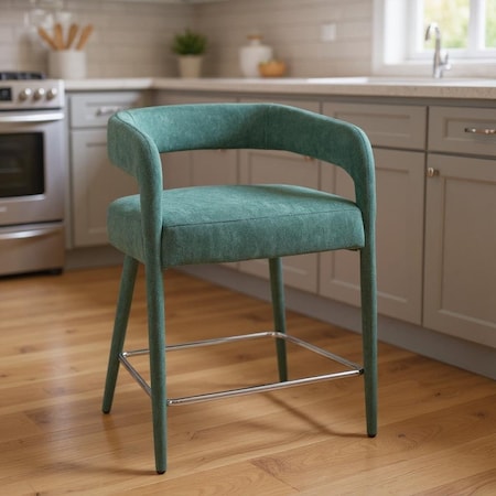 Homeroots 25" Teal Blue Metal and Fabric Low Back Counter Height Bar Chair 558309