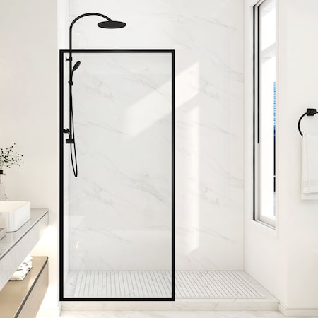 Anzzi Welle 74x34in Framed Fixed Shower Screen Door, Matte Black with 5/16in 8mm Tempered Clear Glass SD-AZ22-01MB