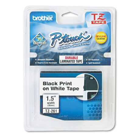 Brother TZe Adhesive Laminated Labeling Tape, 1.4x26.2 ft, Black on White TZE261