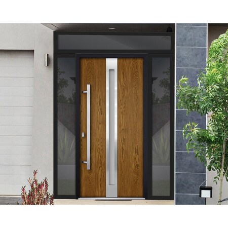Vdomdoors Steel Door Deux 1744 Natural Oak 2 Sidelight and Transom Black Window Stainless Inserts Single Mode DEUX1744EXD-OAKB-W14+36+14xH80+16-RH-O
