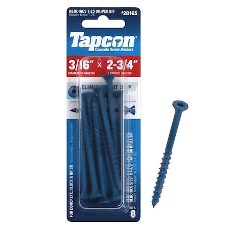 Tapcon Concrete Anchor, 3/16 in Thread, 2-3/4 in L, Coarse Thread, Flat Head, Star Drive, Steel, 8PK 28165