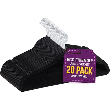 Lifemaster Velvet Non-Slip Hanger Set, 360 Deg Swivel Hook, Sleek Velvet Finish, Black, 20PK LMVEL20