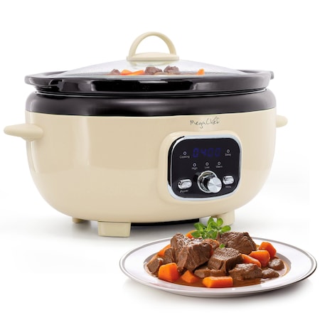 Megachef 6.9 Quart Oval Electric Digital Slow Cooker in Cream with Black Pot MCSC-OV650C