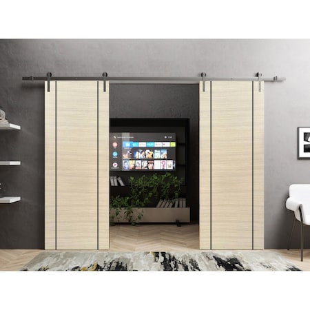 Sartodoors Sliding Double Barn Doors with Hardware, Planum 0017 Natural Veneer and Aluminum Strips, 13FT Rail PLANUM0017DB-S-SHP-3696