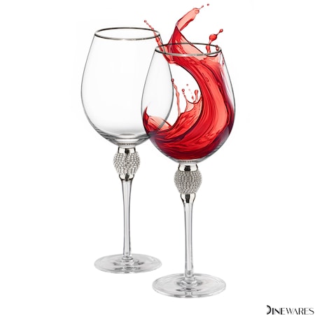 Dinewares Set of 2 Silver-Rimmed Red Wine Glasses with Diamond Rhinestone Accent - 18 oz, 10 Inches Tall - QI004758.SI.2