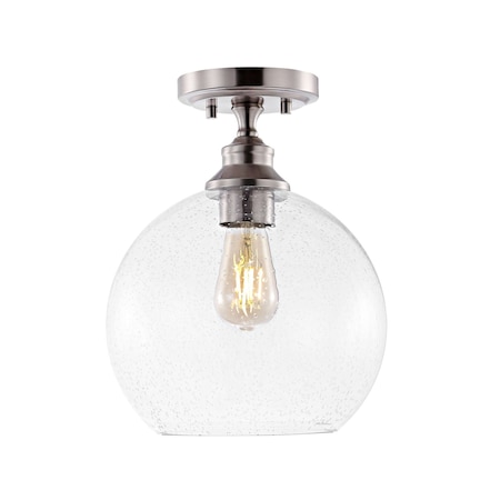 Jonathan Y Marla 9.75" 1-Light Bohemian Farmhouse Iron/Seeded Glass LED Semi Flush Mount, Nickel/Clear JYL7566A