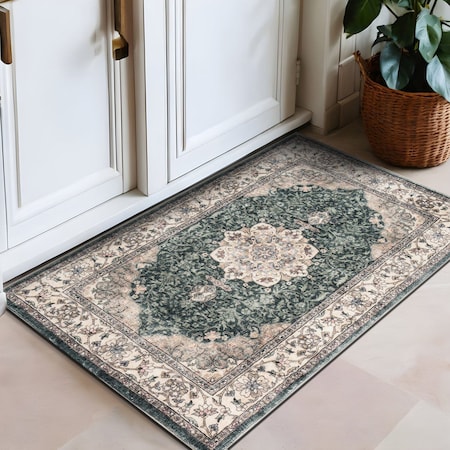 World Rug Gallery Traditional Oriental Medallion Washable Non Slip Area Rug 2 ft x 3 ft Green WR84GREEN2X3