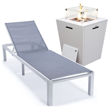 Leisuremod Marlin White Aluminum Patio Chaise Lounge Chair with Square Fire Pit Table, Dark Grey MLWCF21-77DGR