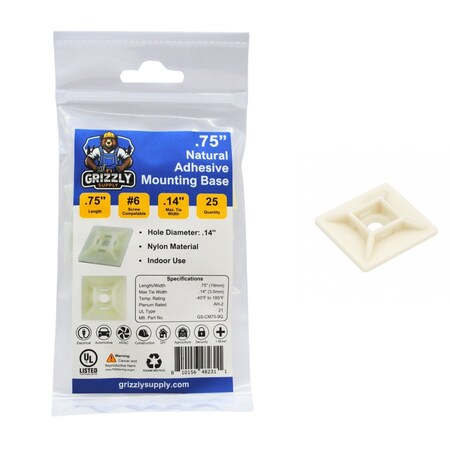 Grizzly Supply Adhesive Cable Tie Mounts, 3/4 in Sq, Nylon 6/6, .14 in Slot Wd, Natural, 25PK GS-CM75-9Q