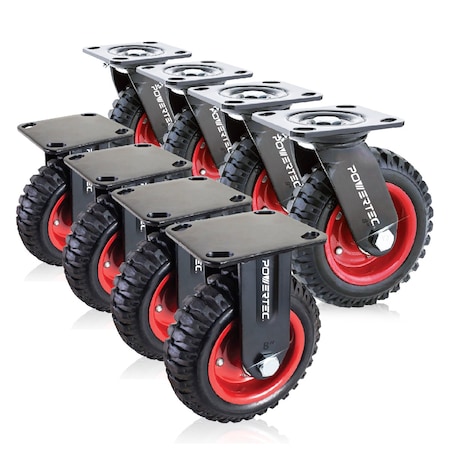 Powertec 8'' Caster Wheels 4 Swivel & 4 Fixed, Heavy Duty Casters with Rubber Knobby Tread, 8PK 17055-P2N