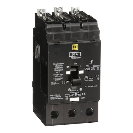 Square D Miniature Circuit Breaker, E FRAME Series, 90A, 3 Pole, 277/480V AC, 65kA at 120V AC EGB34090