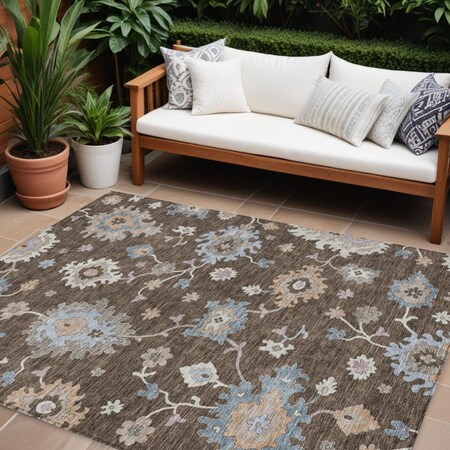 Homeroots 10' X 14' Chocolate Beige And Blue Floral Washable Indoor Outdoor Area Rug 606151
