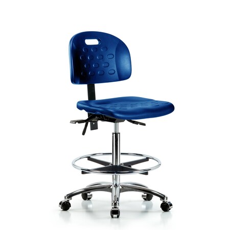 Blue Ridge Ergonomics Poly Chair Chrome, High Bench, Tilt, Foot Ring, Casters, Blue BR-HPHBCH-CR-T1-A0-CF-CC-BLU