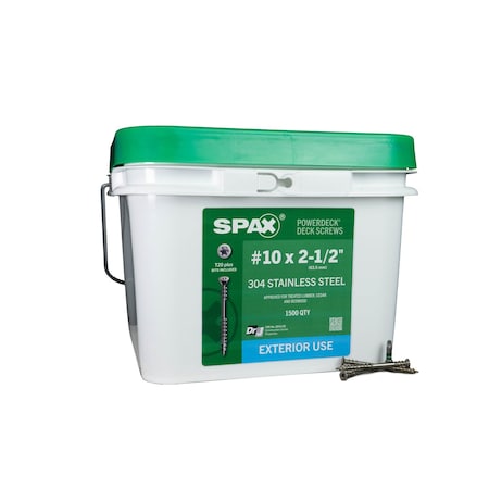 Spax #10 x 2-1/2 in Exterior Stainless Steel Wood Deck Screws Powerdeck Trim Head Bulk Pail, 1500PK 35705008401000