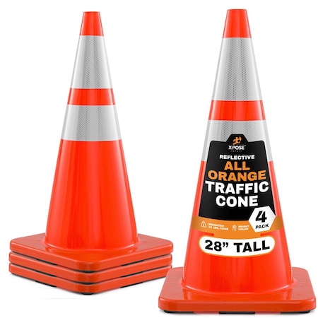 Xpose Safety 28 Inch Orange Traffic Cones Heavy Duty 10lb with 6in and 4in Collars, DOT Approved, 4PK AOTC28-64-10L-4-X-S