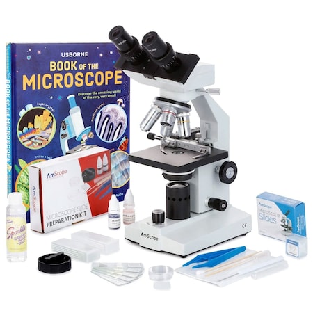 Amscope B100 Biological Binocular Compound Microscope 40X-2000X w/LED, Mech. Stage, Slide Making Kit, Book and B100B-MS-SP14-CLS-50P100S-WM-E5