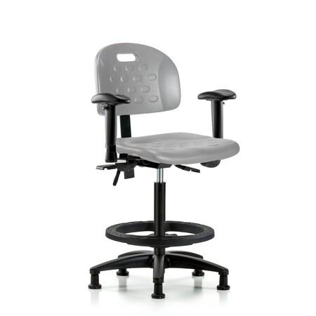 Blue Ridge Ergonomics Poly Chair-High Bench Ht with Seat Tilt, Adj Arms, Black Foot Ring, &Stationary Glides in Gray Poly HPHBCH-RG-T1-A1-BF-RG-GRY