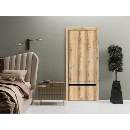 Sartodoors Modern Wood Interior Door with Hardware, Planum 0012 Oak and Aluminum Strips, Single Panel Frame Tr PLANUM0012ID-DUB-18