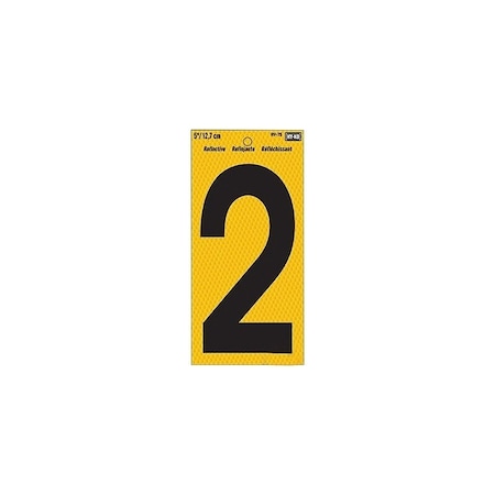 Hy-Ko Reflective Sign, Character: 2, 5 in H Character, Black Character, Yellow Background, Vinyl RV-75/2