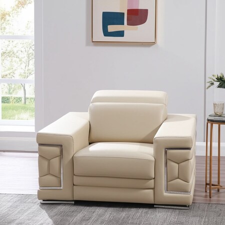 Homeroots 47" Beige and Silver Genuine Leather Club Chair 546435
