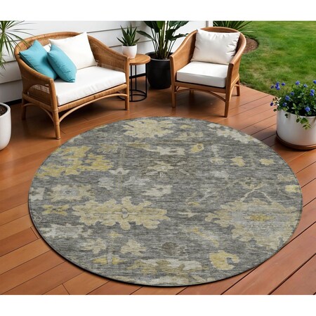 Homeroots 8' Gray And Charcoal Round Floral Washable Indoor Outdoor Area Rug 604128