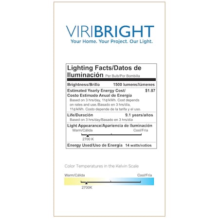 Viribright A19 E26 100W Equivalent 2700K, 4PK 651640-4