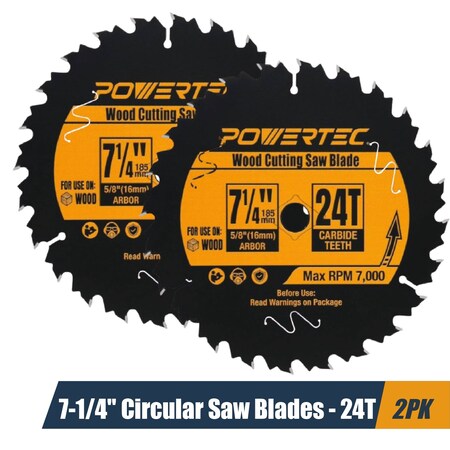 Powertec 7-1/4 Inch Circular Saw Blade, 24T, 5/8" Arbor, Thin Kerf Carbide Tipped Wood Cutting Blade, 2PK 14015-P2