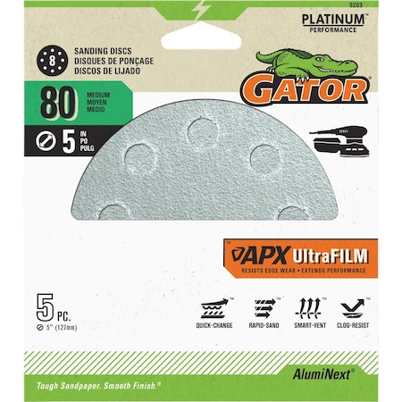Gator Blade 5'' 80-Grit 8-Hole Pattern Vented Sanding Disc with Hook & Loop Backing, 5PK 9203