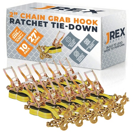 Jrex Safety 10PK HD Ratchet Straps with Chain Grab Hooks, Yellow 2 in x 27 ft Tie Downs RTD227-JR-CG-10PK