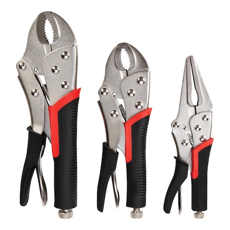 Performance Tool 3 pc. Locking Plier Set, Curved Jaw, Long Nose, Ergonomic Grips W30713